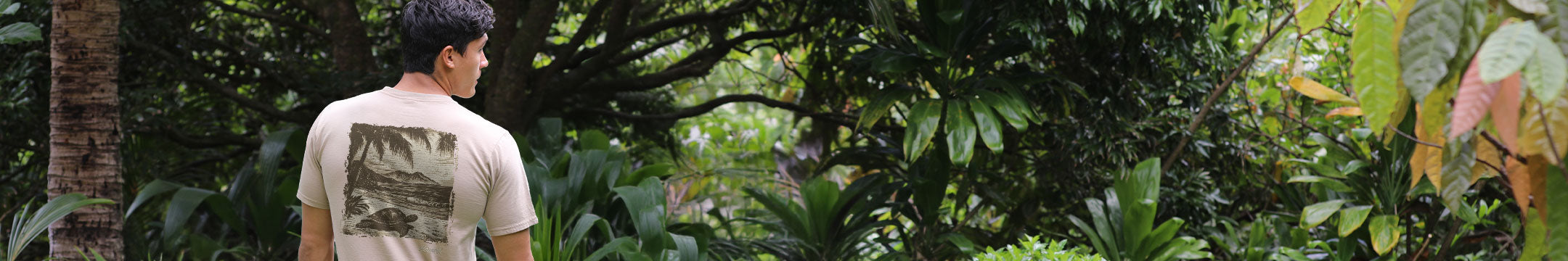 Person walking through a lush green forest