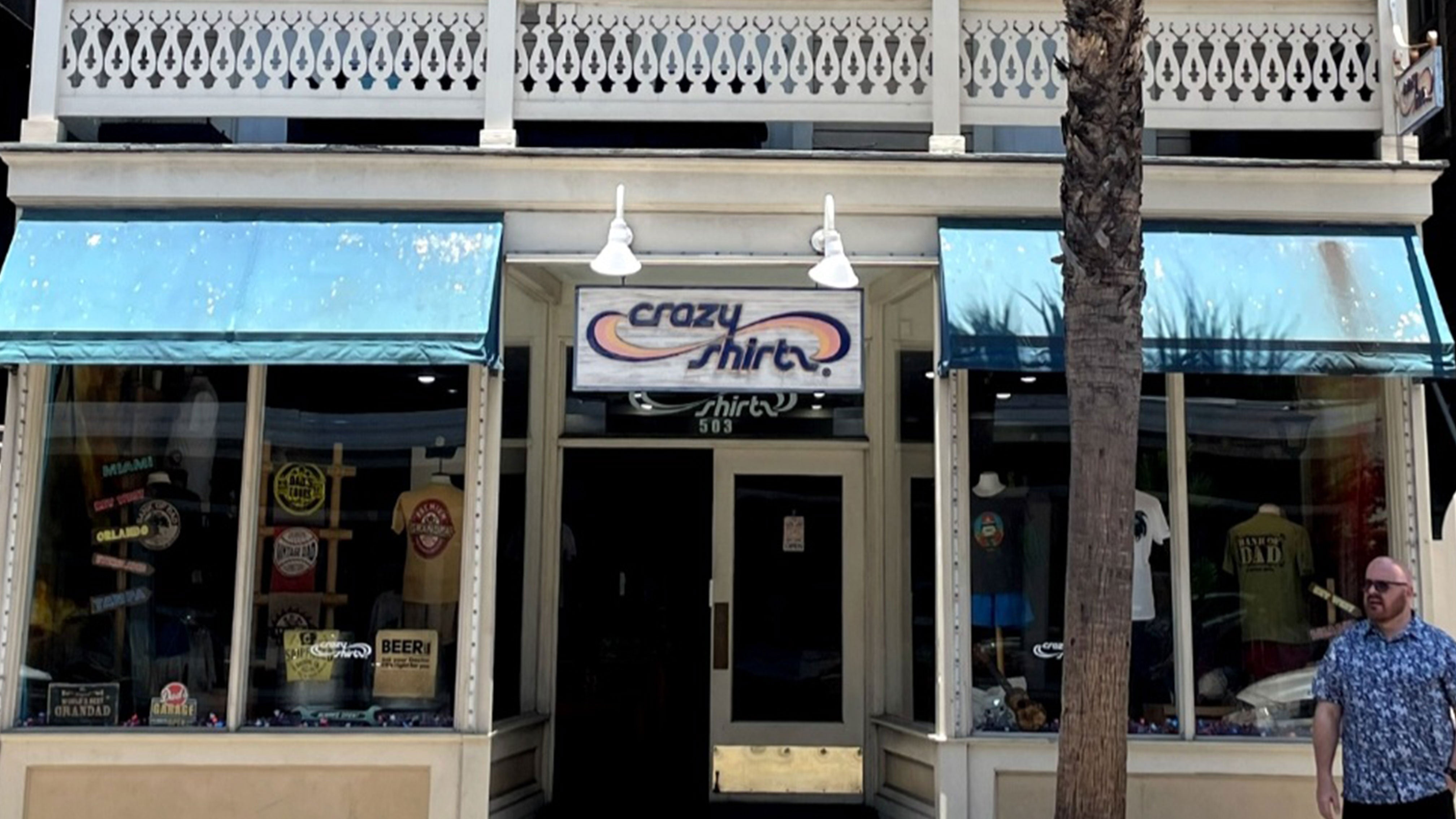 Storefront with 'Crazy Shirts' sign in Key West South
