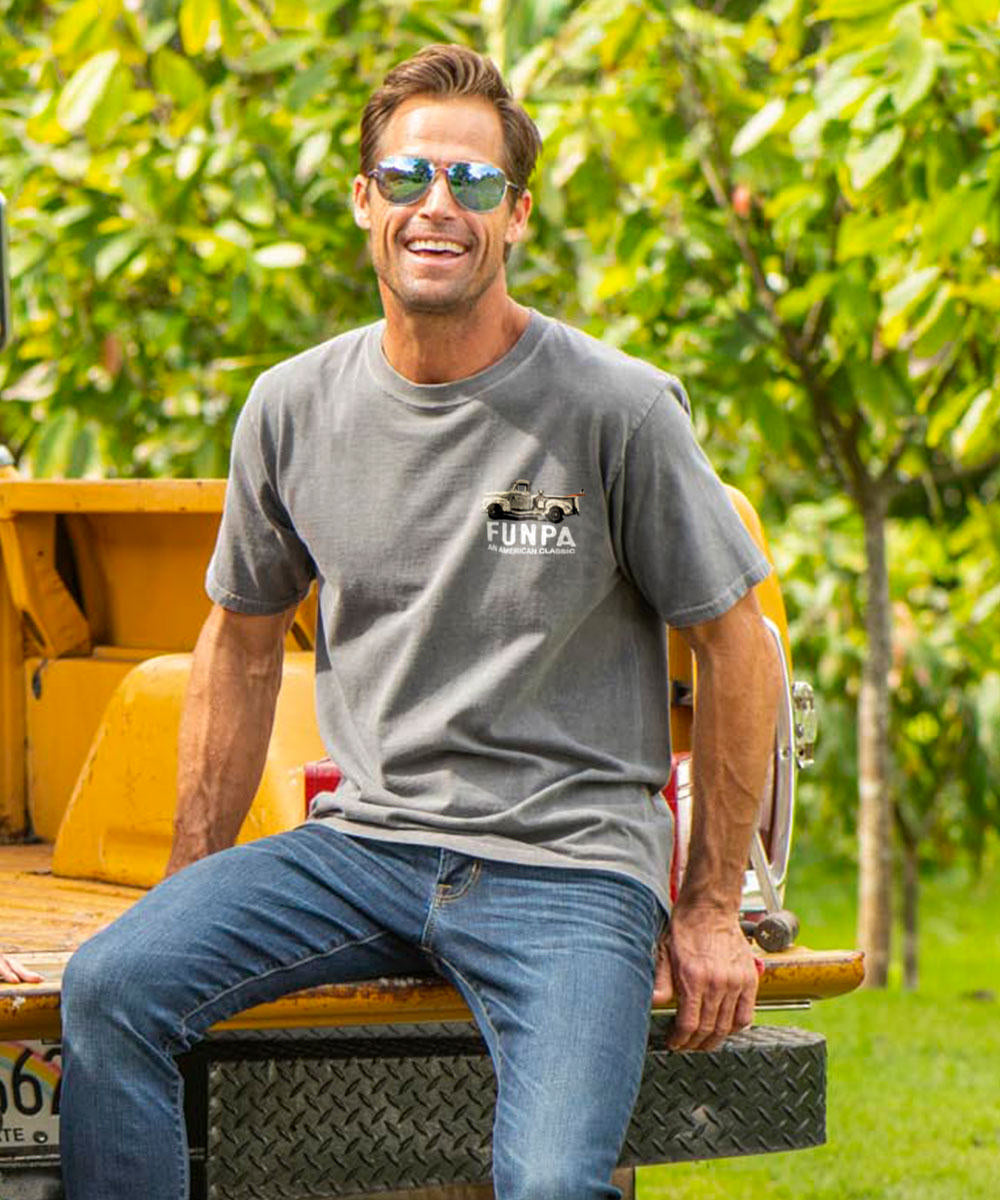 A short sleeve crewneck t-shirt with 'FUNPA' printed on the front, featuring an illustration of a vintage truck. View 3