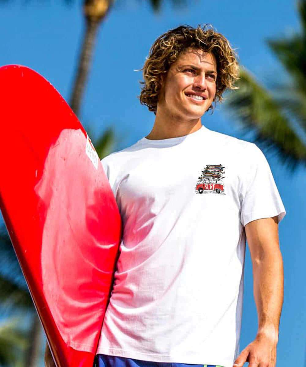 White t-shirt with a red van and surfboards graphic. View 3