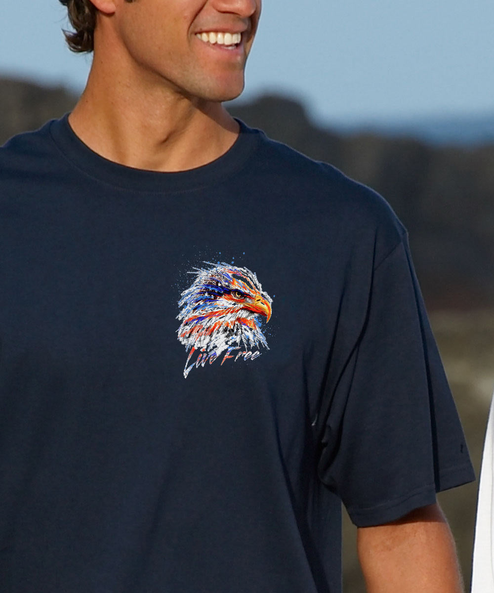 Man wearing a blue shirt with a logo of an eagle on the front View 3