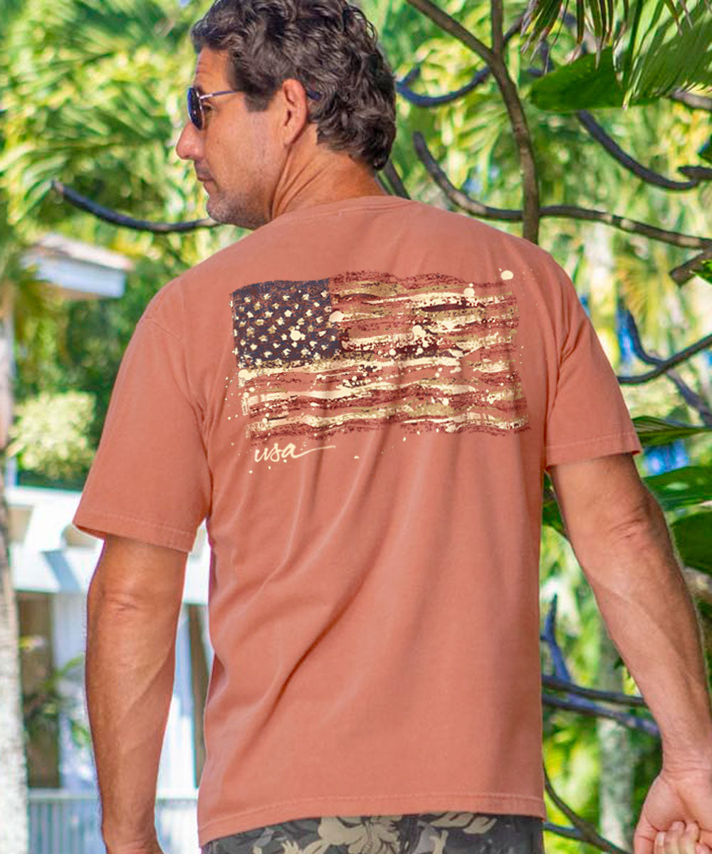 A person wearing a short sleeve crewneck t-shirt in light red with a painted American flag design on the back. View 2
