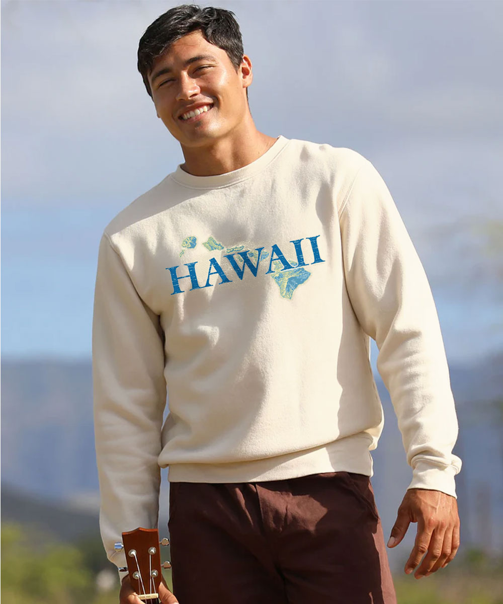Man holding ukulele wearing light beige sweatshirt with Hawaii logo graphic View 2