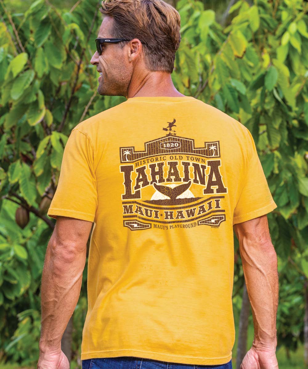 A man wearing a yellow short sleeve crewneck t-shirt with ' Lahaina Maui Hawaii' text printed on the back. View 2