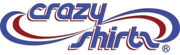 The logo for 'Crazy Shirts' features stylized text in blue and red with white outlines, set against a solid black background.