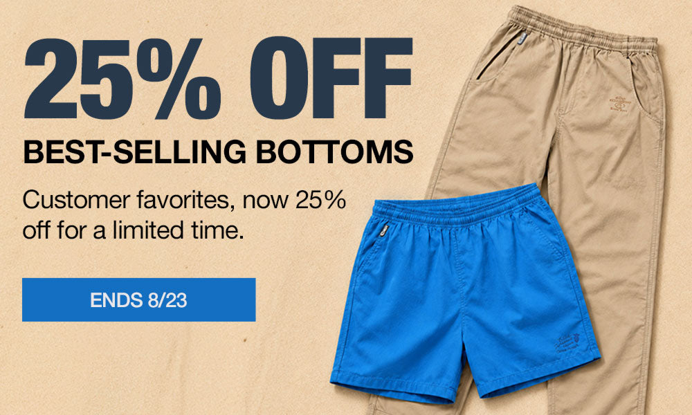 Promotional banner showing two pairs of shorts on a beige background: tan drawstring shorts and bright blue shorts, with large text reading '25% OFF BEST-SELLING BOTTOMS' and a blue 'ENDS 8/23' button.