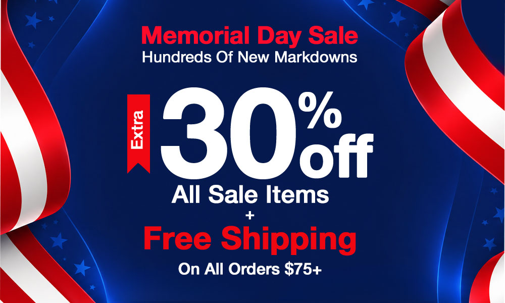 Memorial Day sale advertisement with 30% off and free shipping offer on a blue background with American flags.