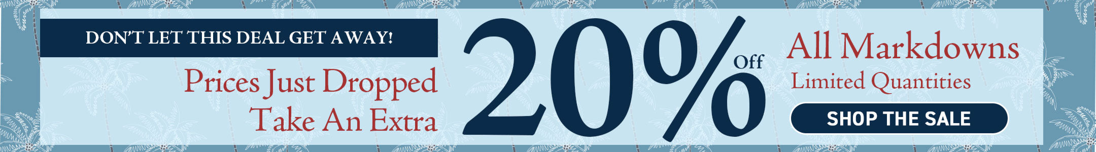 Promotional banner with 20% off markdowns and sale text on a blue and white background.