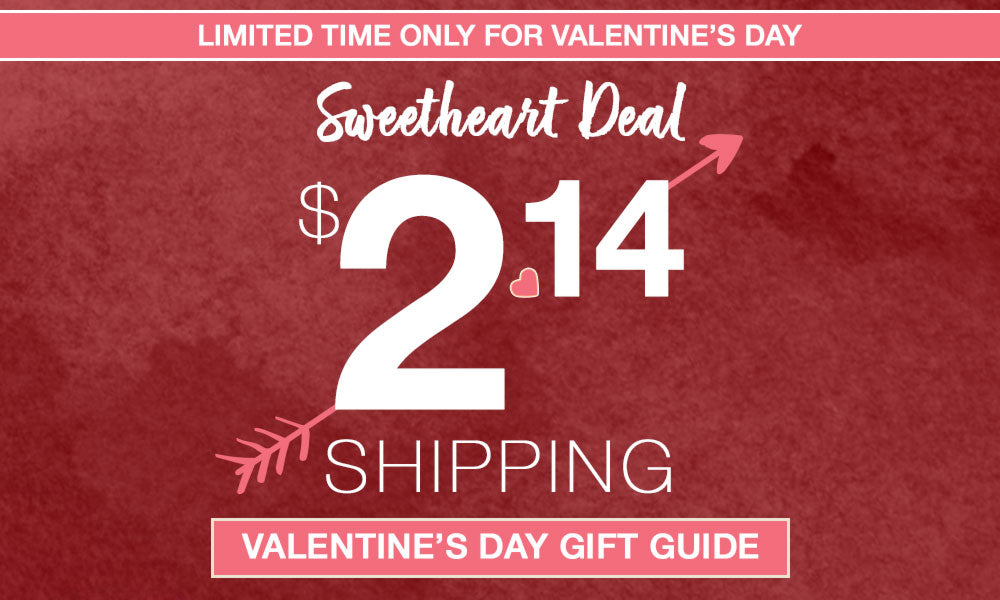 Promotional graphic for Valentine's Day with a sweetheart deal and shipping offer on a red background.