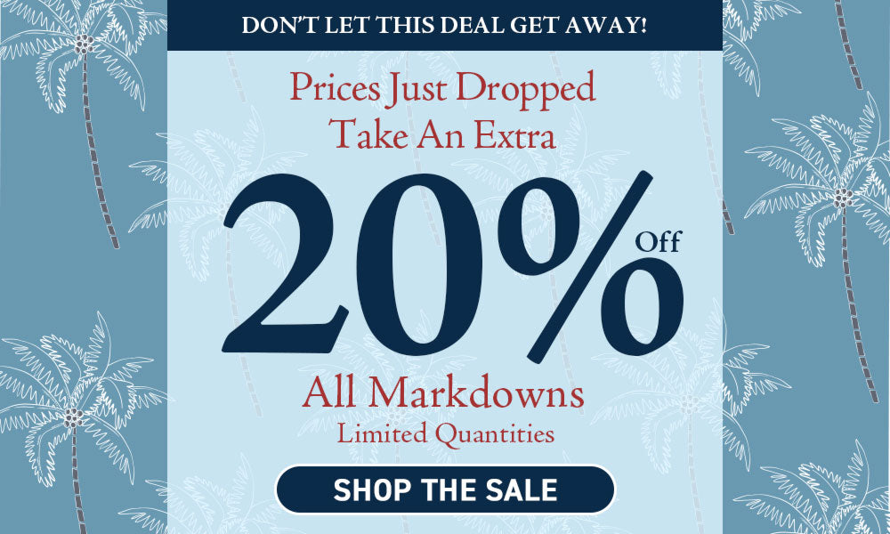 Promotional banner with 20% off markdowns on a blue background with palm tree designs.