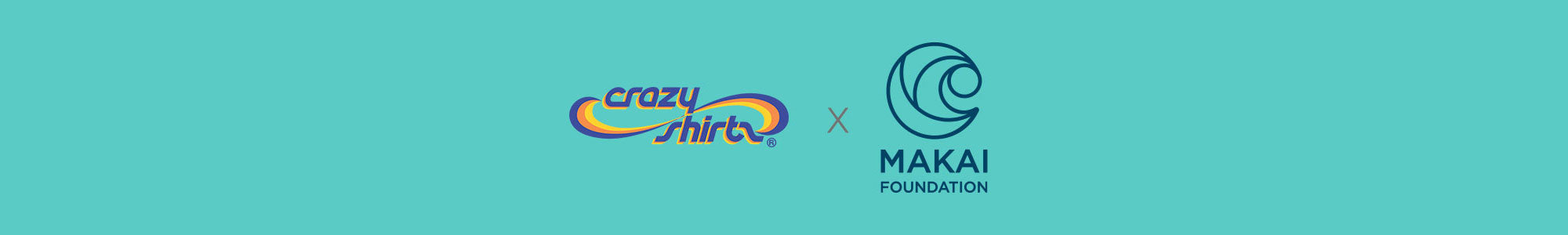 Collaboration logo between 'crazy shirts' and 'MAKAI' on a teal background