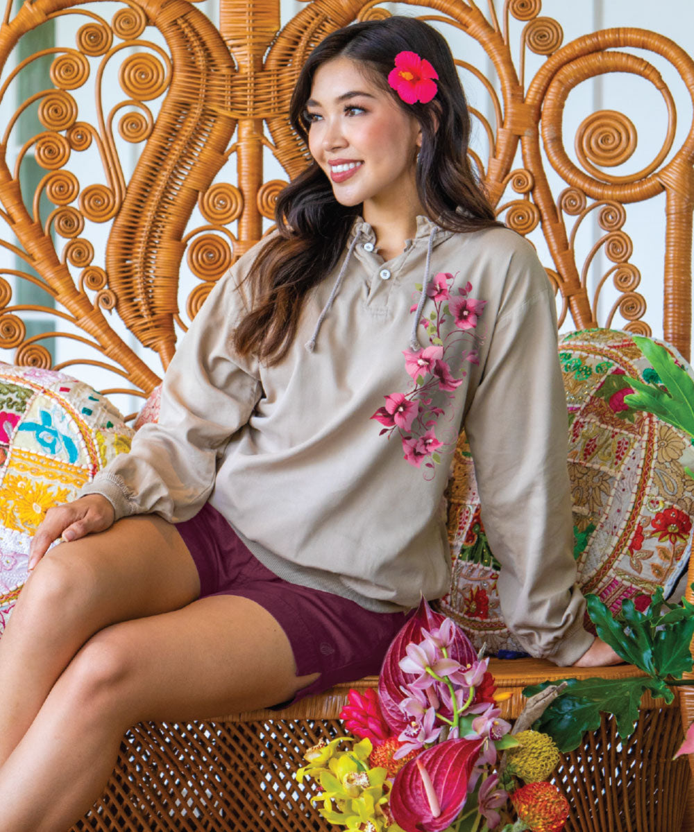 Bougainvillea Vines - Kona Coffee Dyed Long Sleeve Lightweight Pullover