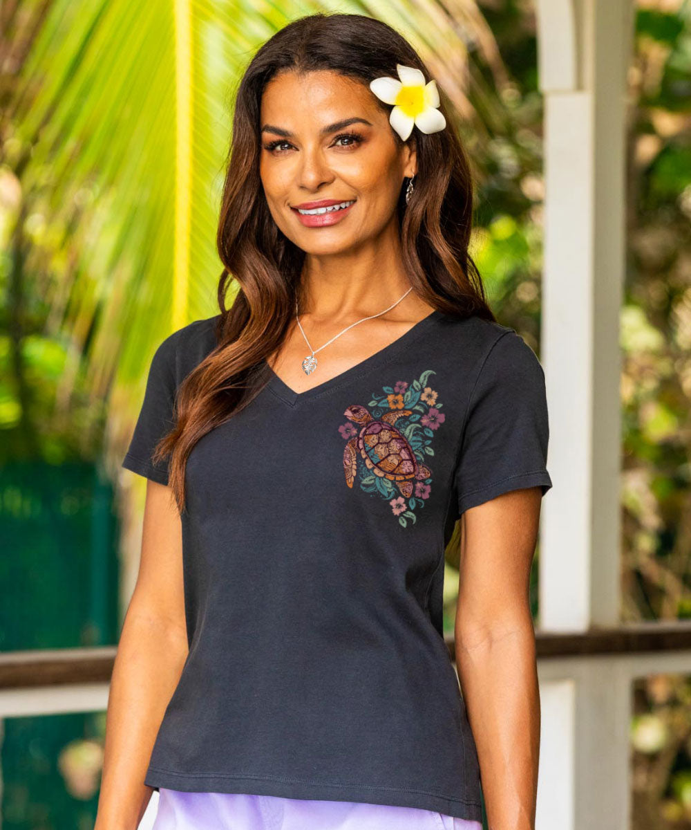 Tropical Floral Turtle - Jet Black Short Sleeve Pima V-Neck T-Shirt