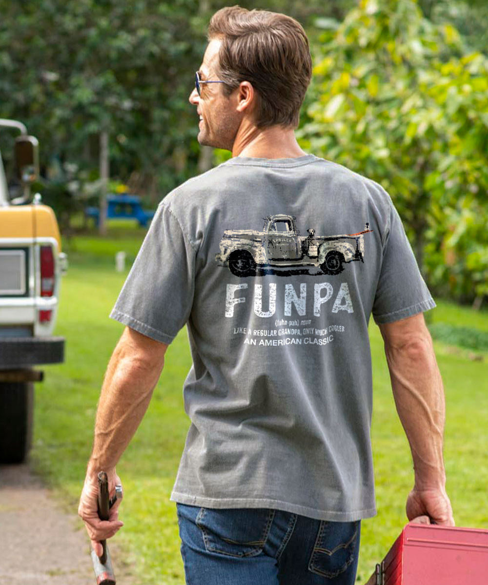 A short sleeve crewneck t-shirt with 'FUNPA' printed on the back, featuring an illustration of a vintage truck. View 2