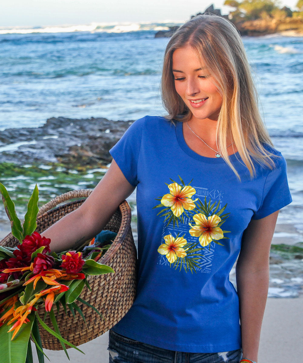 Hibiscus Trio - Sapphire Short Sleeve Pima T-Shirt