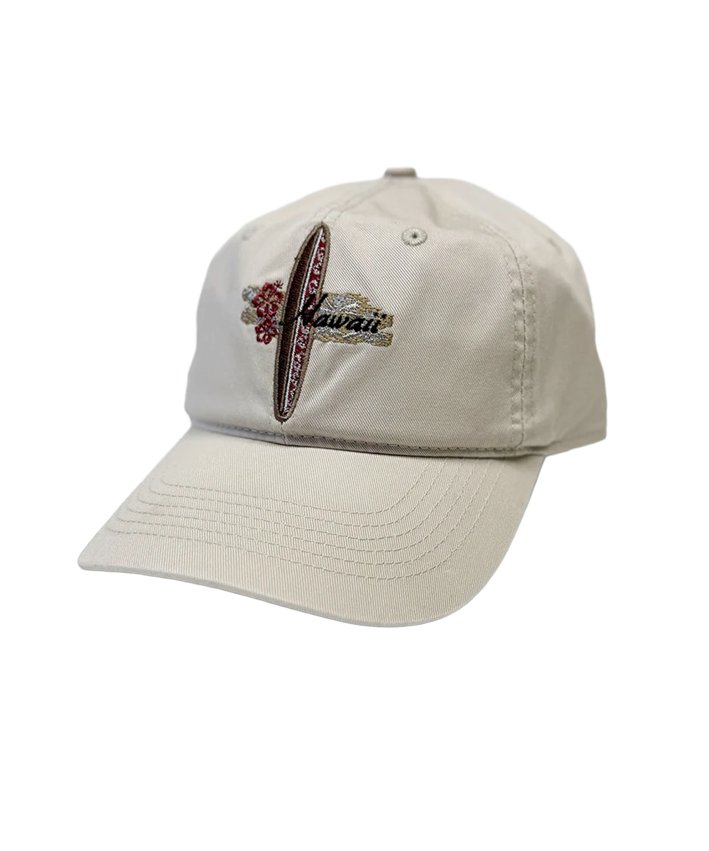 Beige cap with a floral design and text on a white background View 1