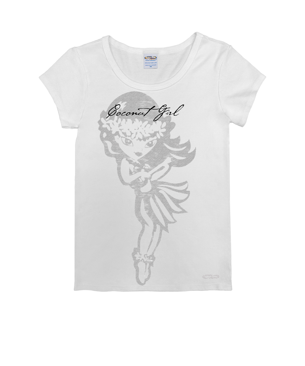 White t-shirt with a graphic design of a girl holding flowers and text on a white background View 1