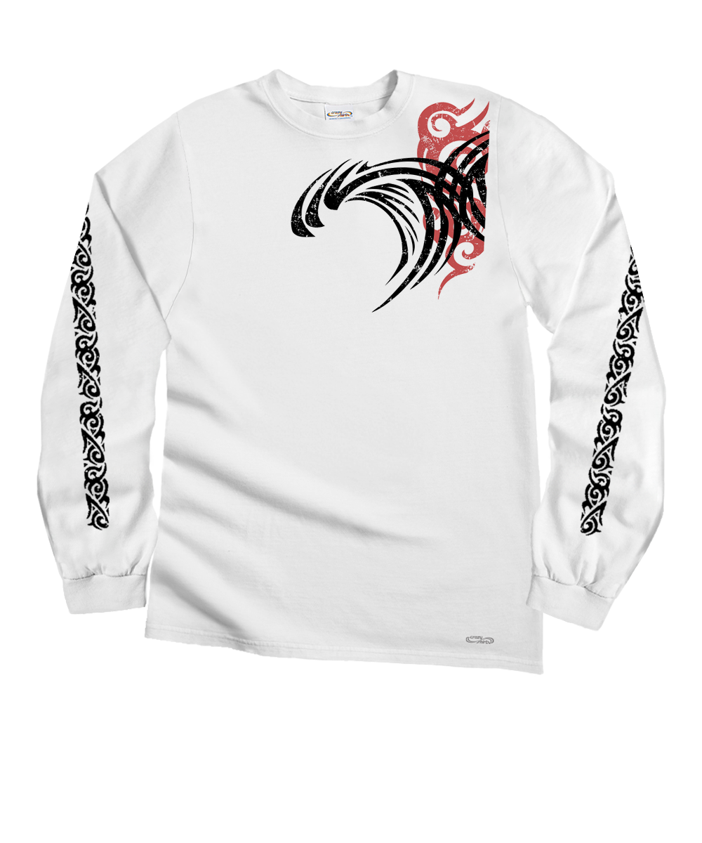 White long-sleeve shirt with black and red tribal designs on a white background
