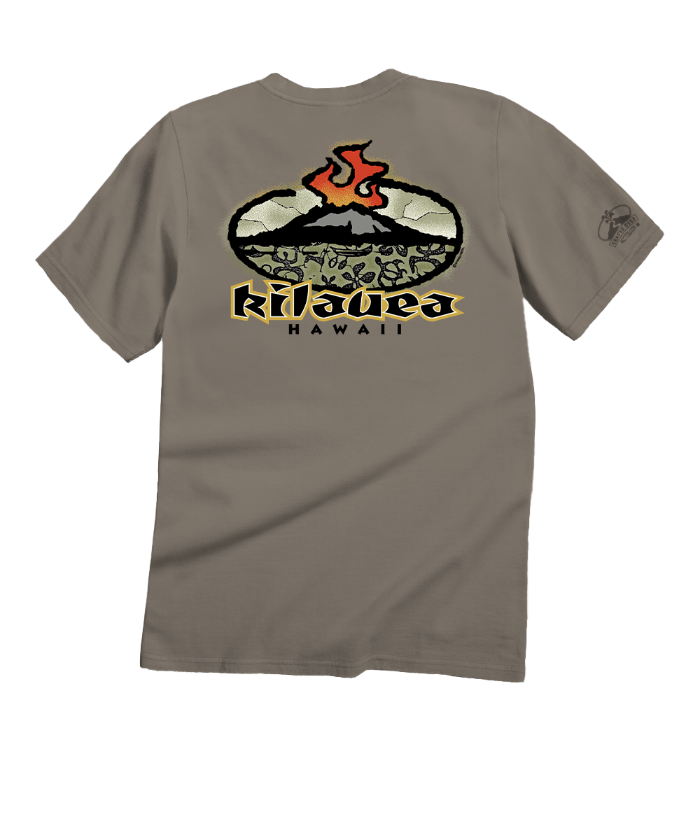 A taupe gray short-sleeve t-shirt shown from the back, featuring a large graphic print of a volcano with flames and the text 'Kilauea HAWAII'. View 1