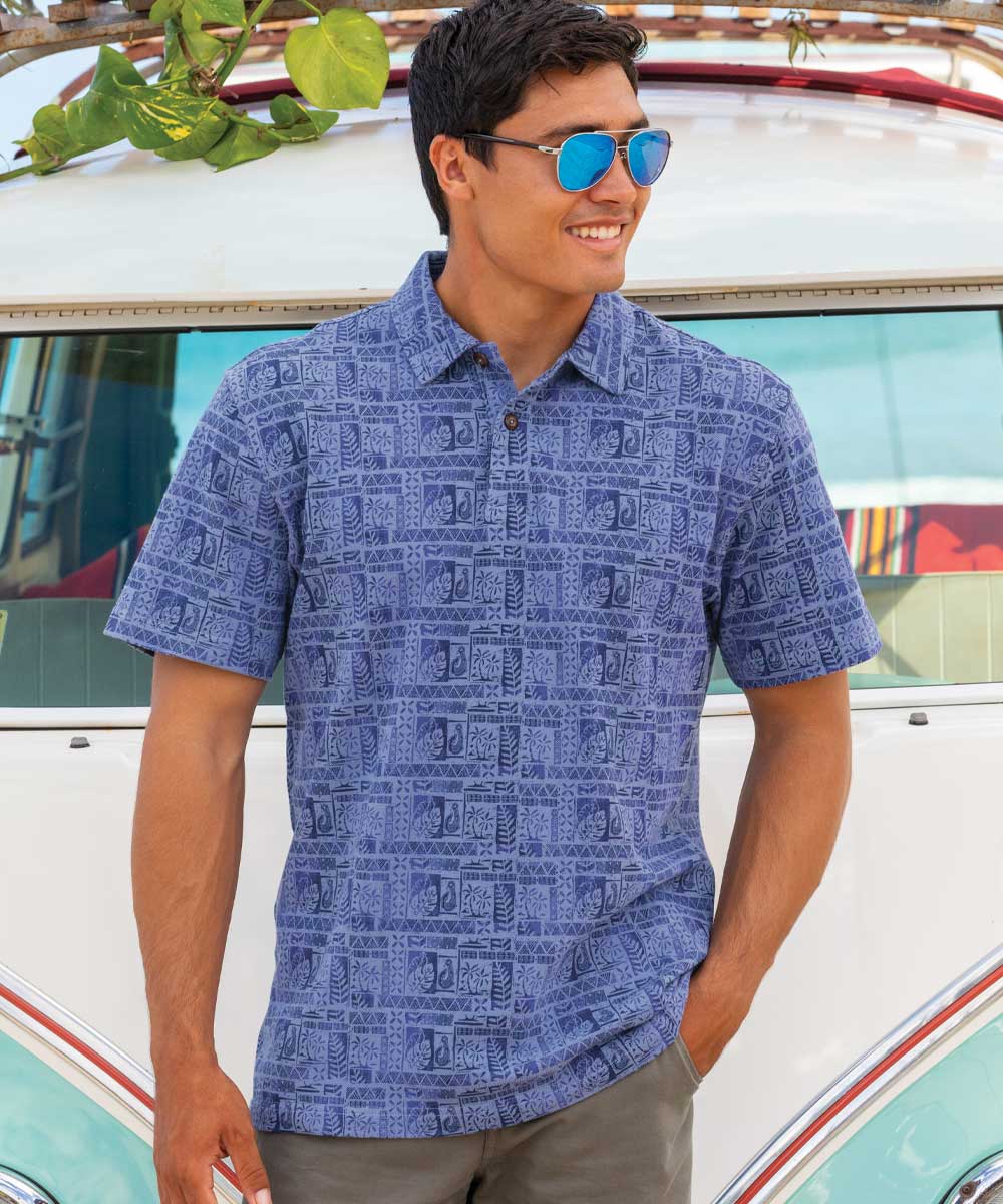Island Movement Mens Polo Shirt in Blue Dyed Cotton
