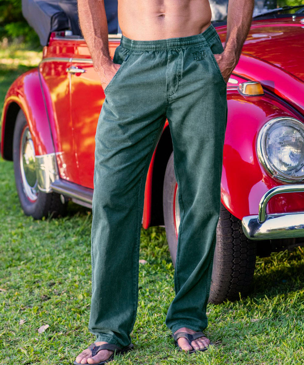 Pine-Dyed Green Twill Pants | 100% Cotton Elastic Waist