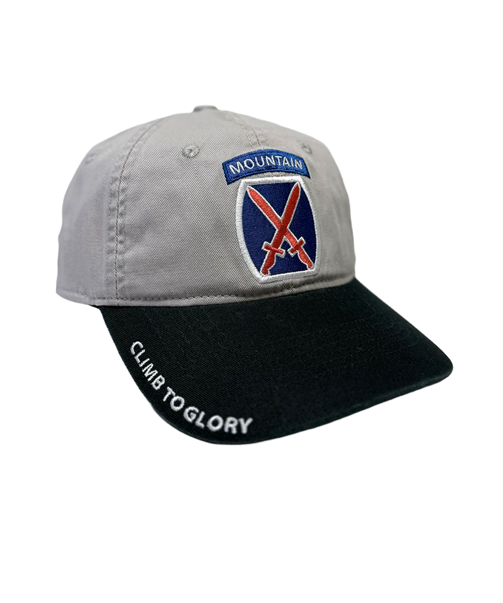 Gray and black cap with mountain logo and 'Climb to Glory' text on a white background View 1