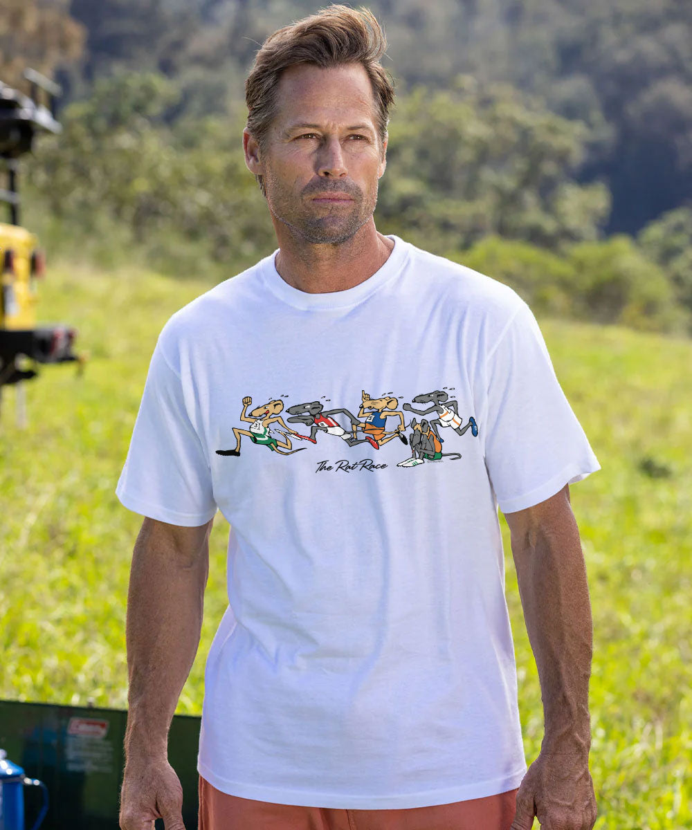 Man wearing white t-shirt standing outside wearing a shirt with running rats on it View 2