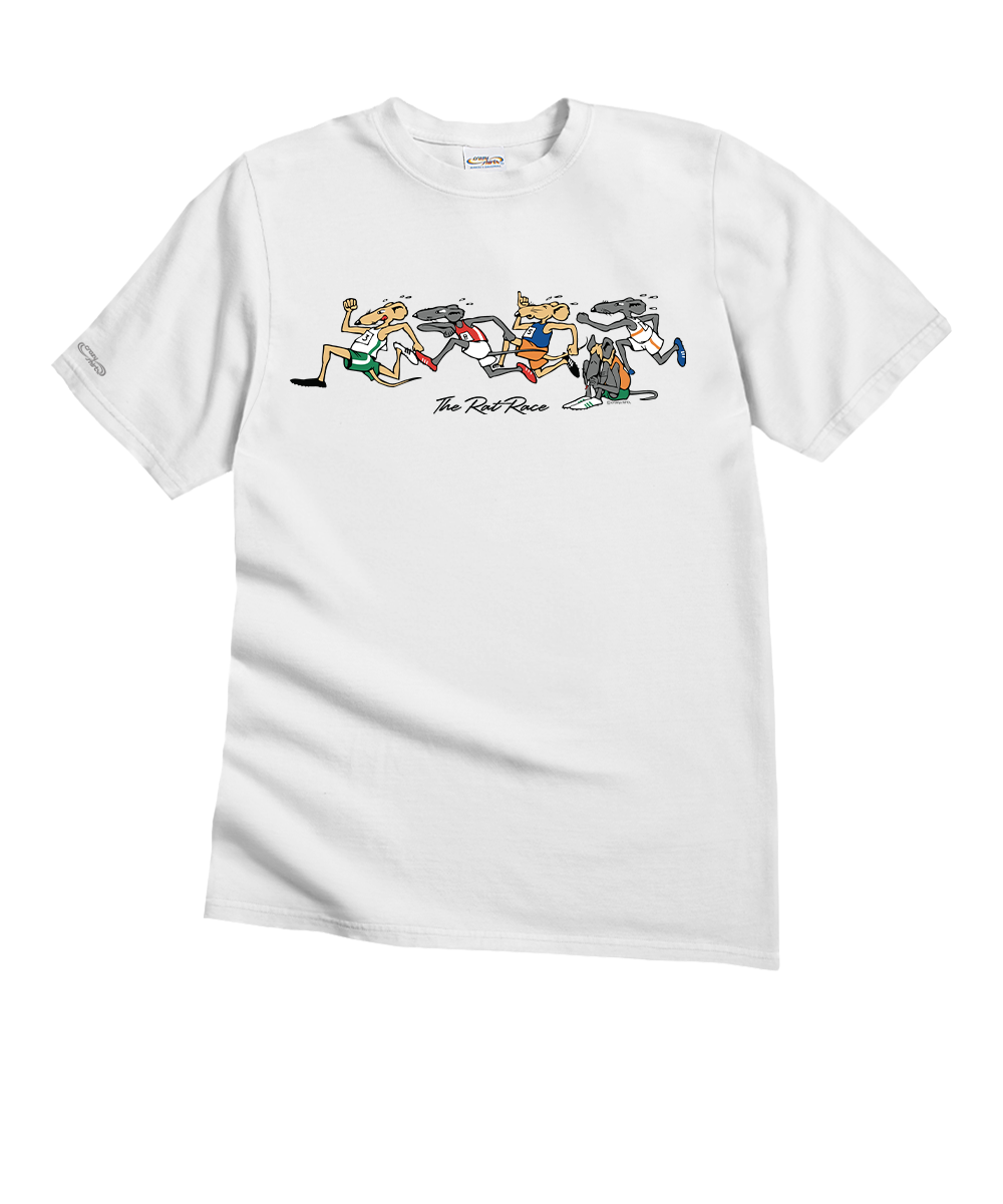 Man wearing white t-shirt with rats running on the front of the shirt View 1