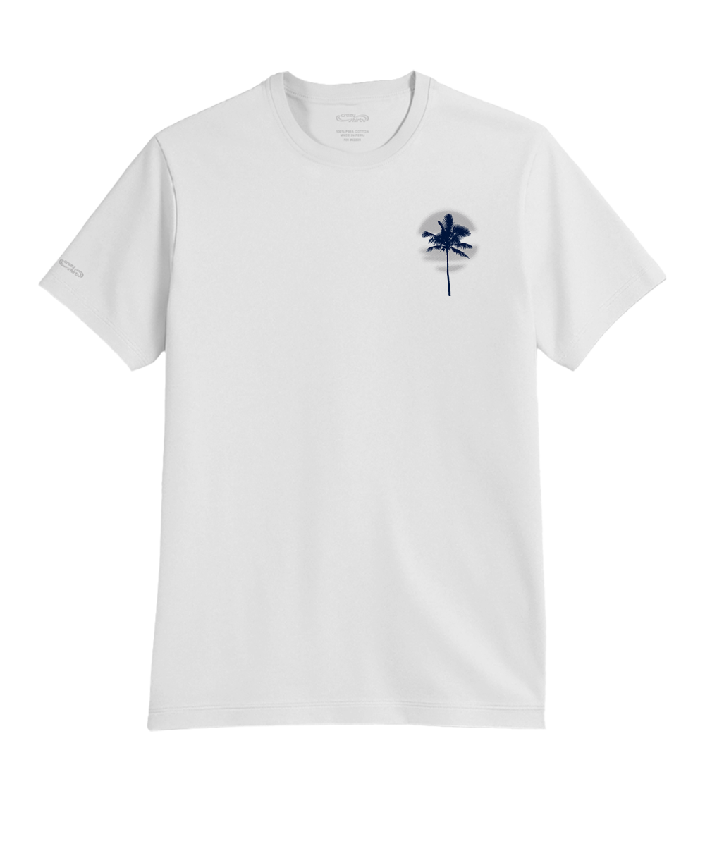 A white short-sleeve crewneck t-shirt featuring a small navy blue palm tree graphic on the left chest, displayed against a solid white background. View 4