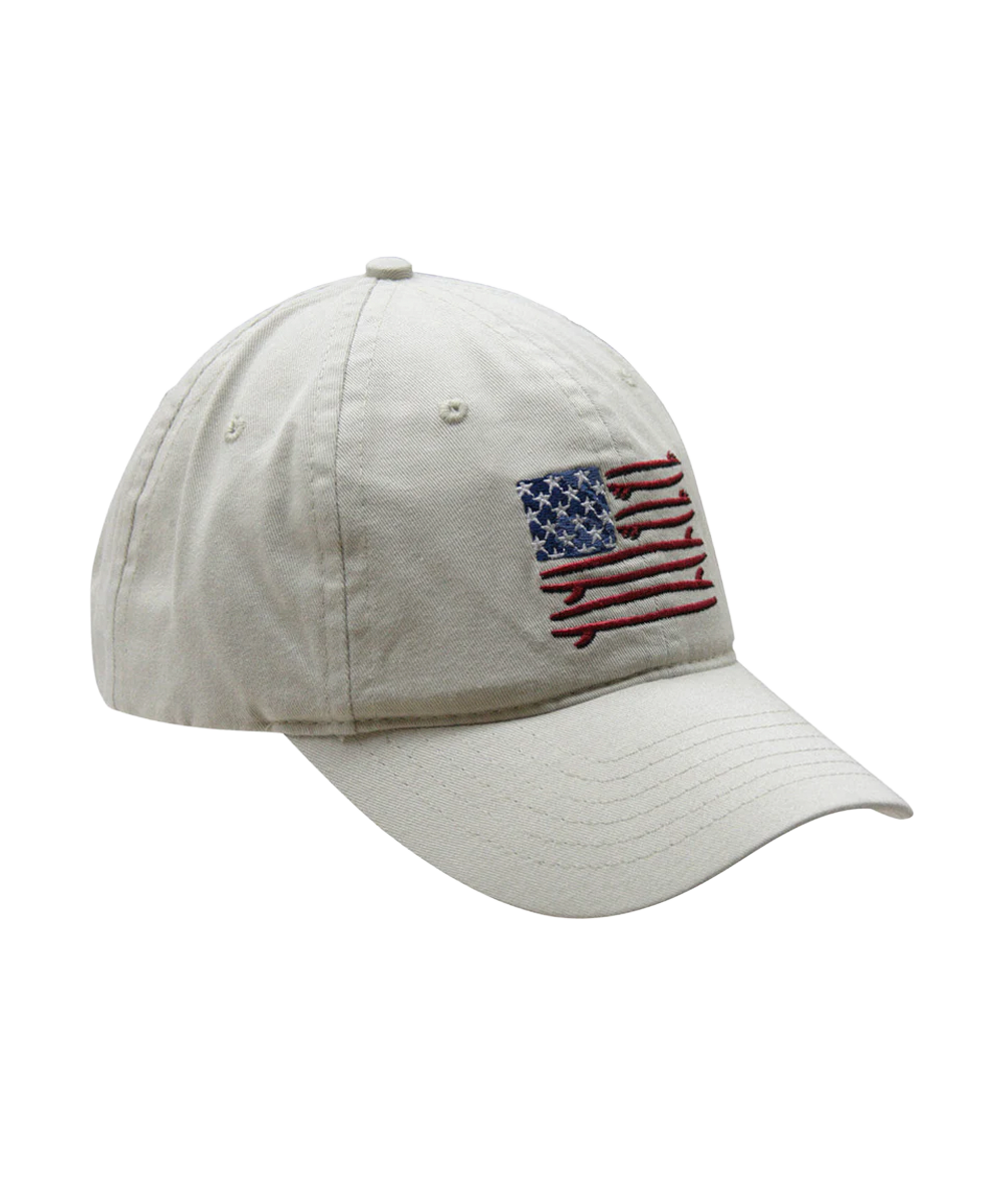Beige cap with American flag patch on a white background View 1