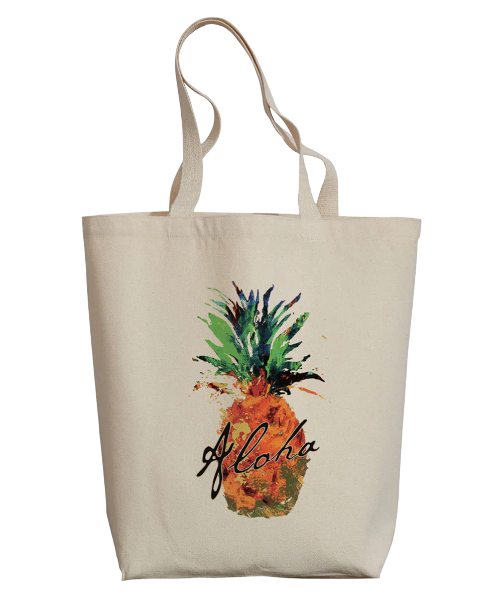 Beige tote bag with a pineapple design and 'Aloha' text on a white background View 1