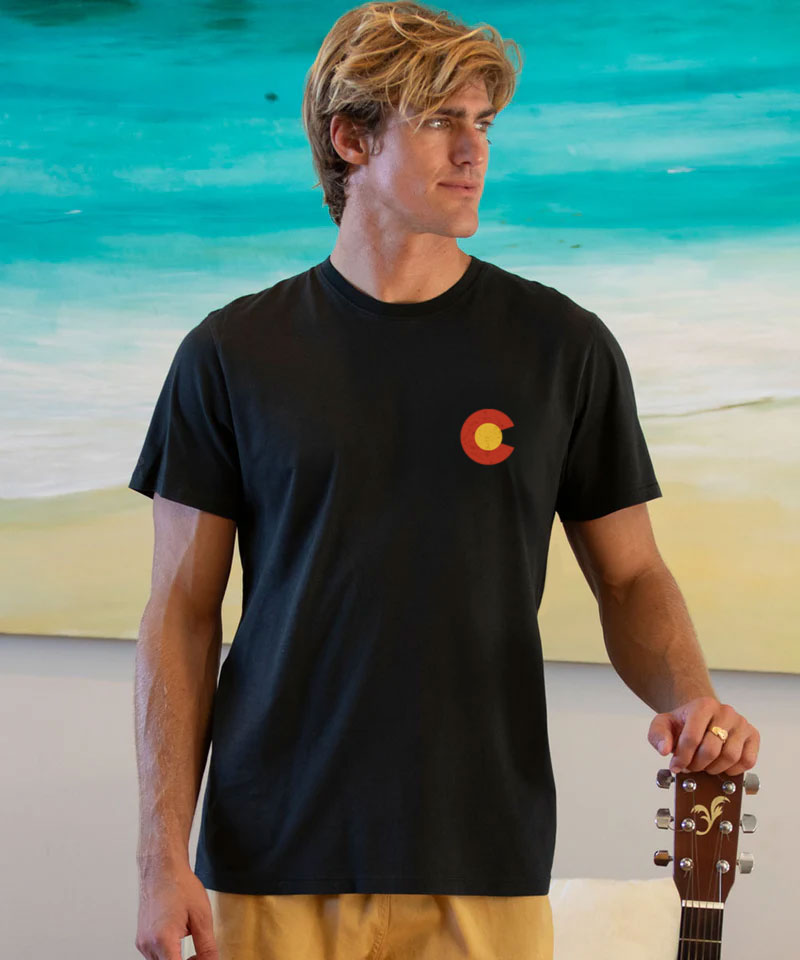 Man wearing a black t-shirt with a colorful logo, holding a guitar, against a beach background. View 3