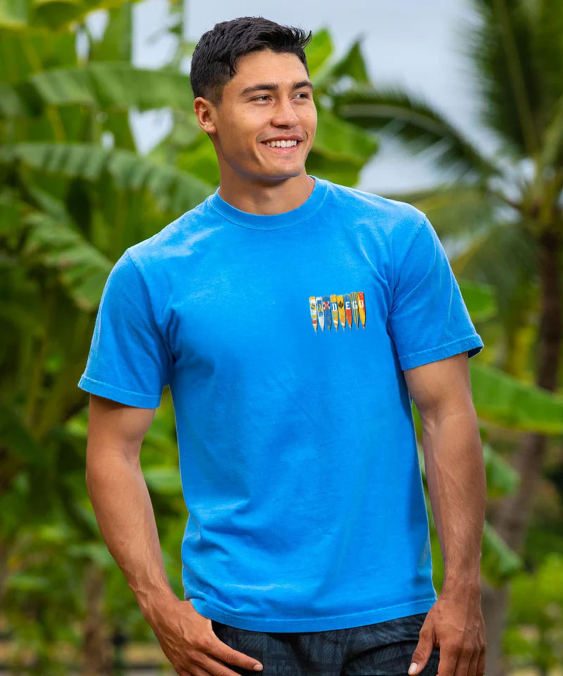 Man wearing a blue t-shirt with a colorful graphic on a green outdoor background View 3