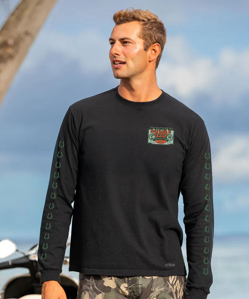 Lucky Frog Good Luck Sign - Black Long Sleeve Crewneck T-Shirt