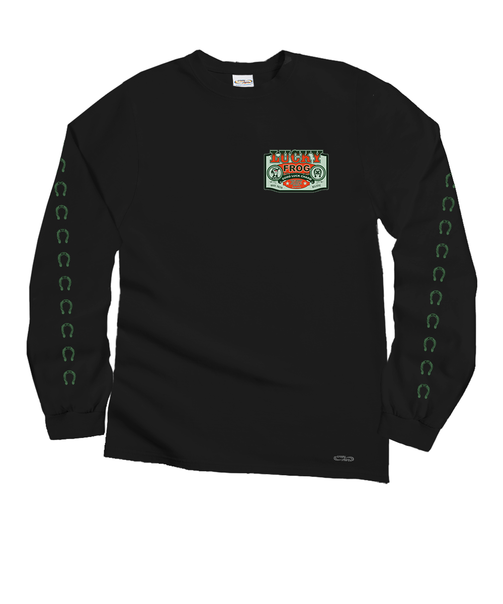 Lucky Frog Good Luck Sign - Black Long Sleeve Crewneck T-Shirt