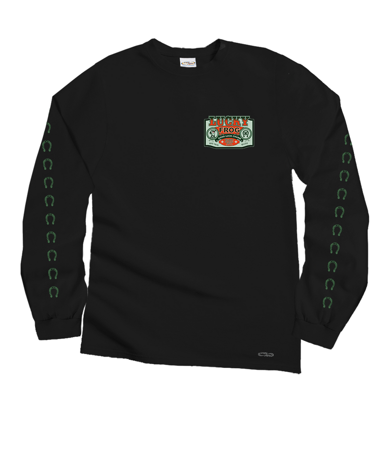 Lucky Frog Good Luck Sign - Black Long Sleeve Crewneck T-Shirt