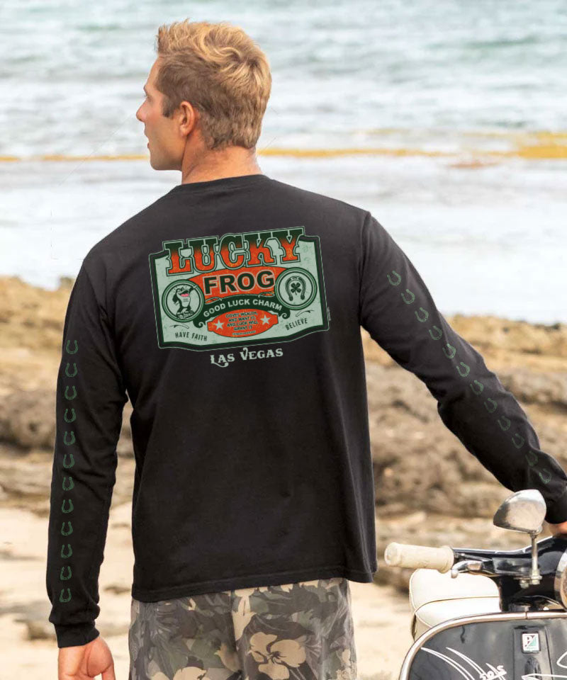 Lucky Frog Good Luck Sign - Black Long Sleeve Crewneck T-Shirt
