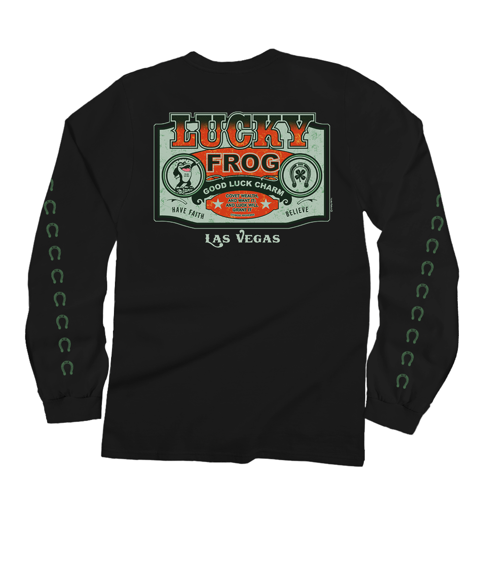 Lucky Frog Good Luck Sign - Black Long Sleeve Crewneck T-Shirt