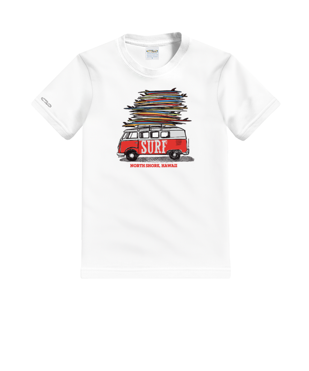A white short-sleeve crewneck t-shirt featuring a graphic print of a red vintage van carrying a tall stack of surfboards, with 'SURF' and 'NORTH SHORE, HAWAII' printed below. View 1
