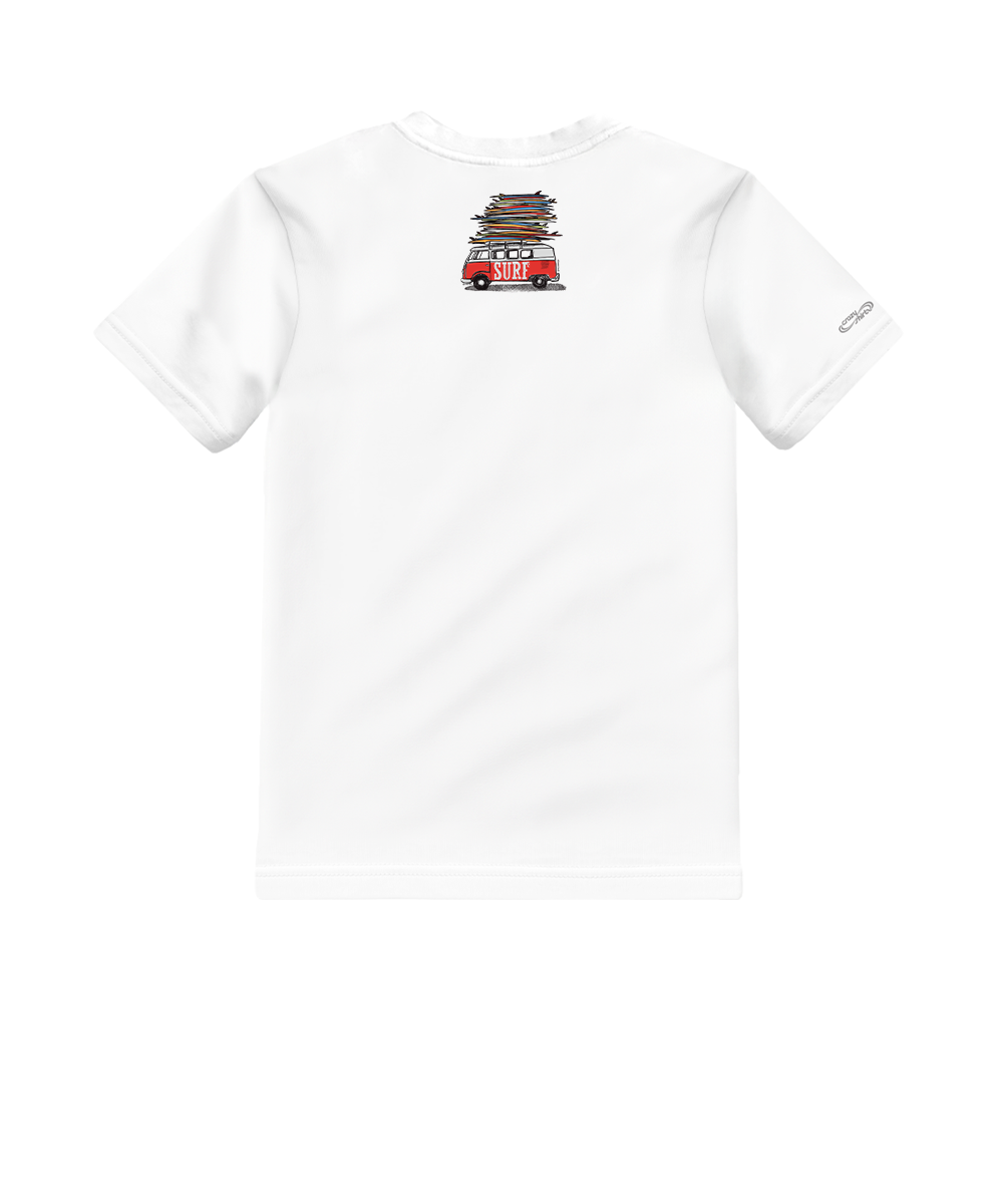 A white short-sleeve crewneck t-shirt shown from the back, featuring a small graphic of a red van with surfboards on its roof and a small gray logo on the left sleeve. View 4
