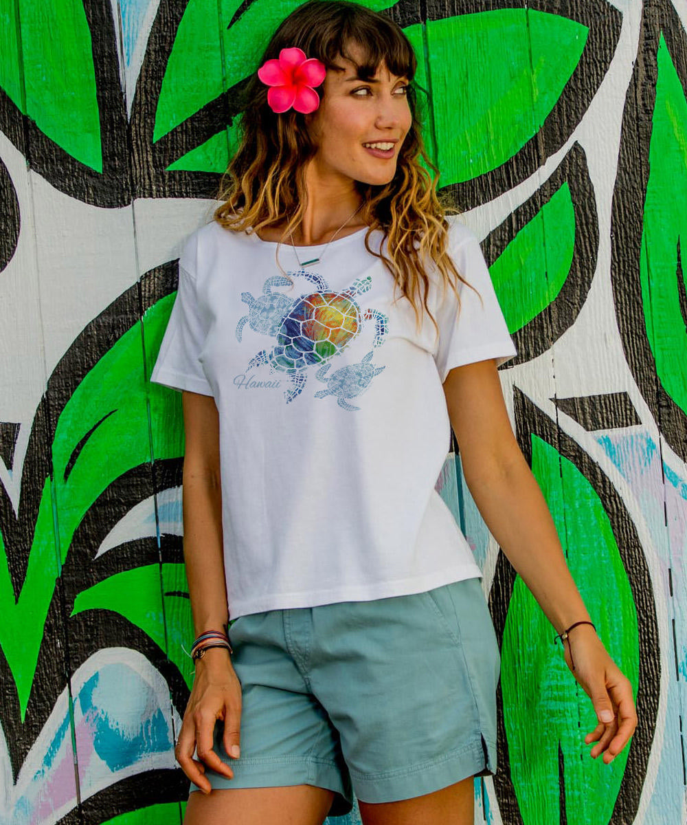 トップス T/W/R TROPICAL S/S OPEN COLLAR SHIRTS Turtle Seascape - White Short Sleeve Scoop Neck T-Shirt