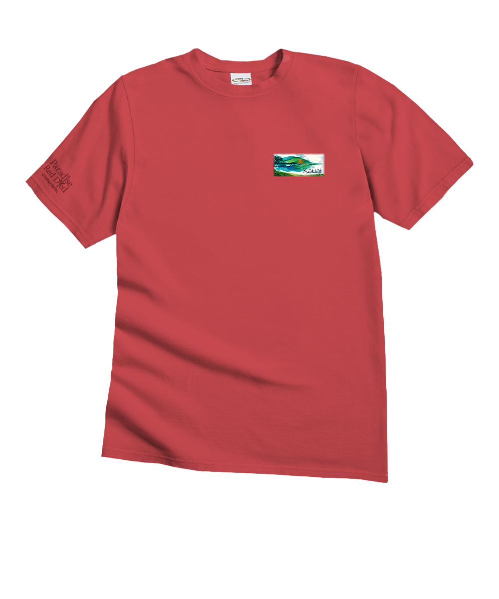 Red t-shirt with a small logo on the chest against a white background View 4
