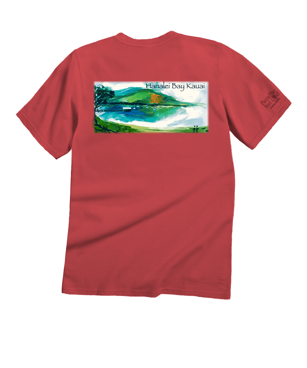 Red t-shirt with a scenic graphic on the back against a white background View 1