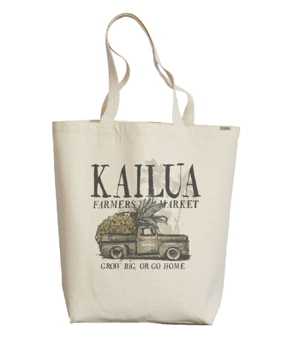 Tote bag with 'Kailua Farmers Market' design featuring a truck and pineapple on a white background. View 1