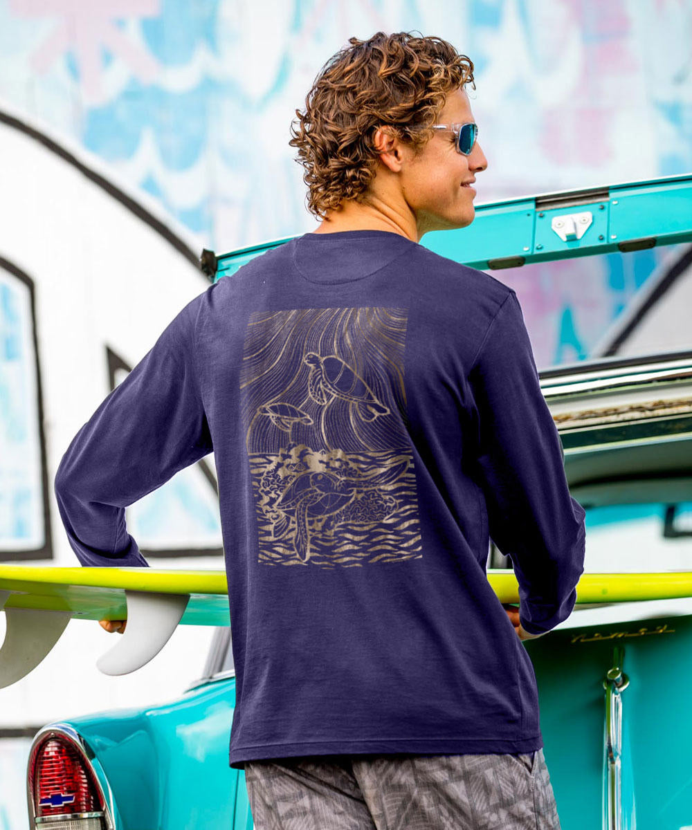 Wood Cut Turtles - Indigo Long Sleeve Pima T-Shirt