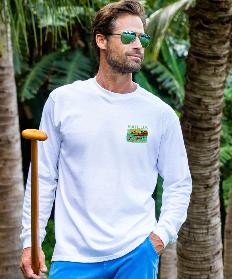 Paddle To Lanikai - White Long Sleeve Crewneck T-Shirt