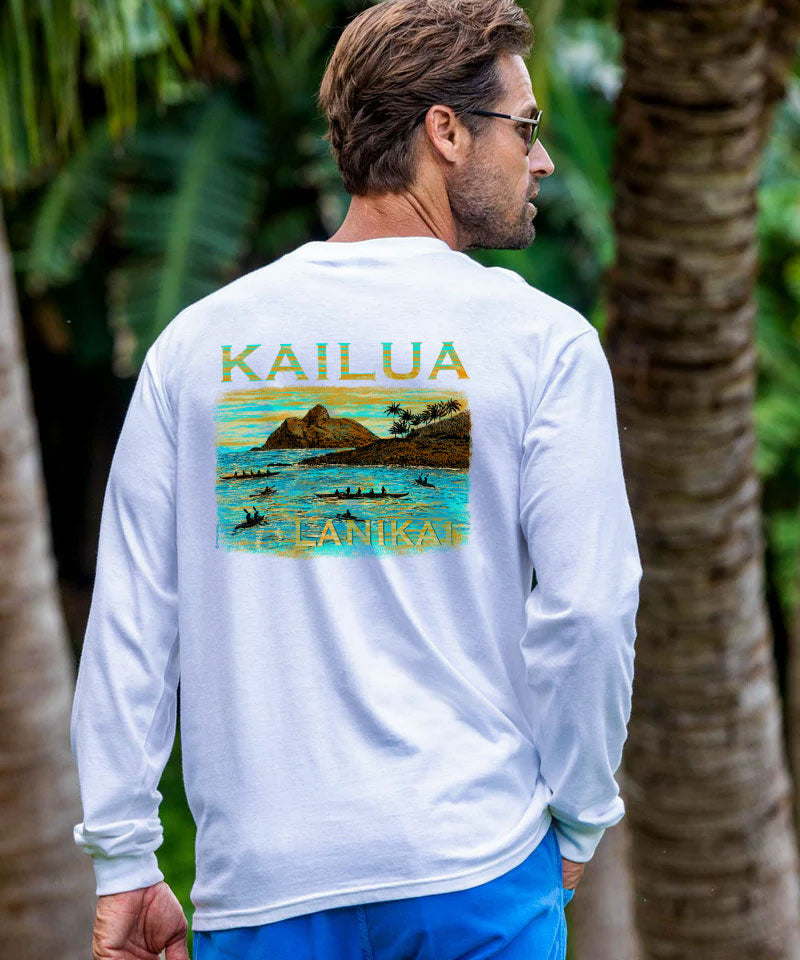 Paddle To Lanikai - White Long Sleeve Crewneck T-Shirt