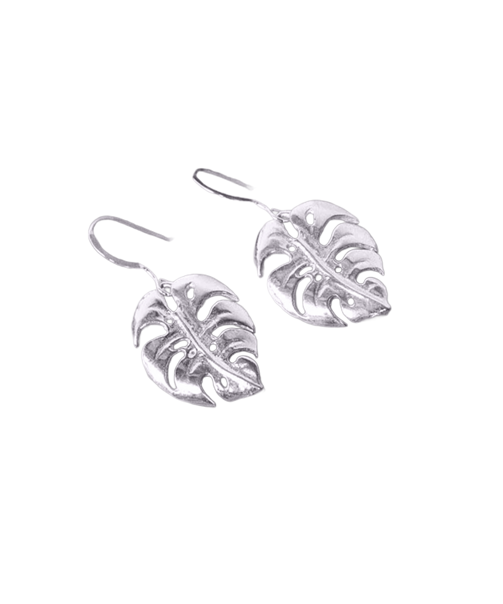 Silver leaf-shaped earrings on a white background View 1