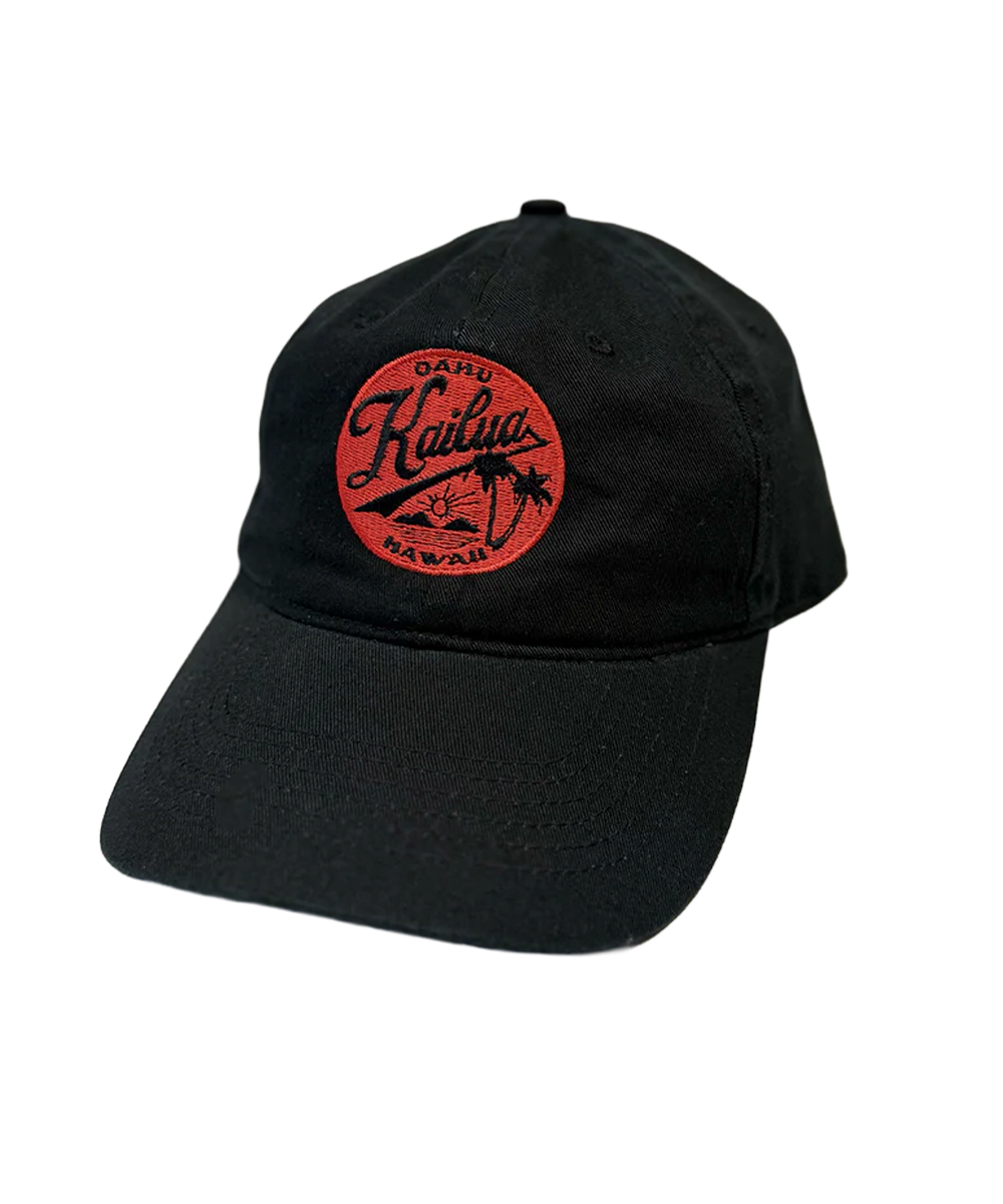 Black cap with red logo on a white background View 1