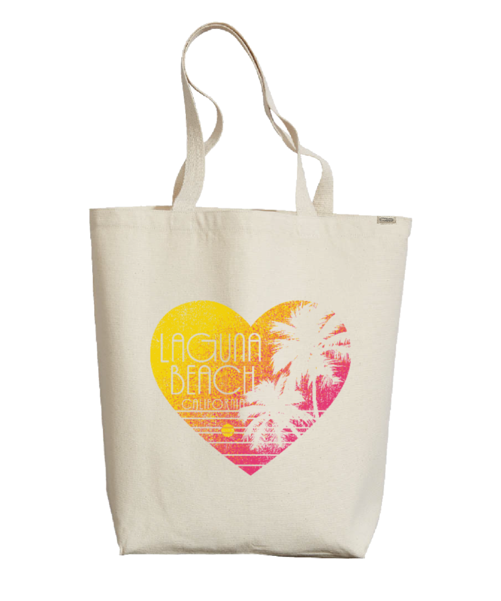 Tote bag with a heart-shaped design featuring 'Laguna Beach' and palm trees on a white background. View 1